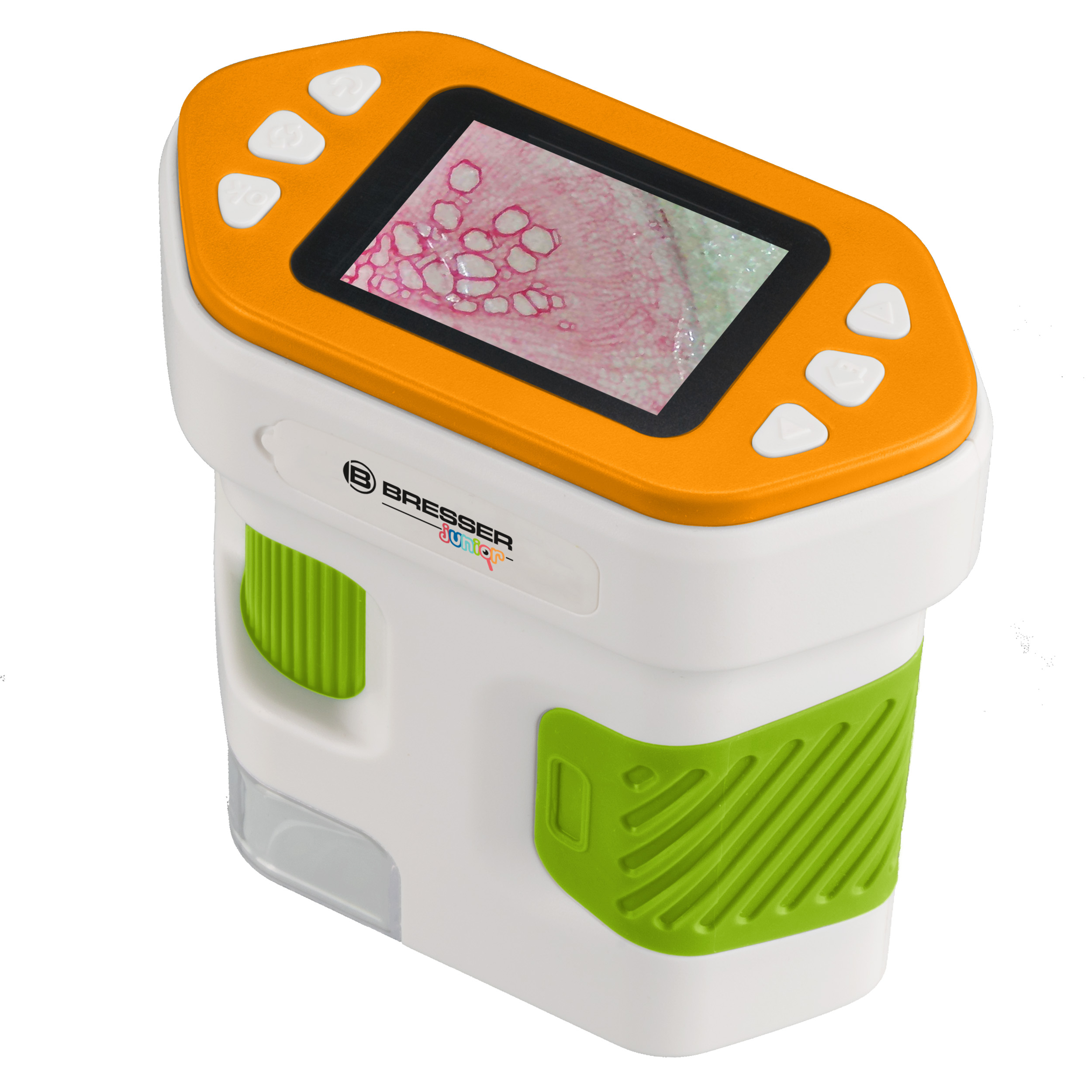 Un microscopio digital Bresser junior blanco y naranja con pantalla que muestra células.