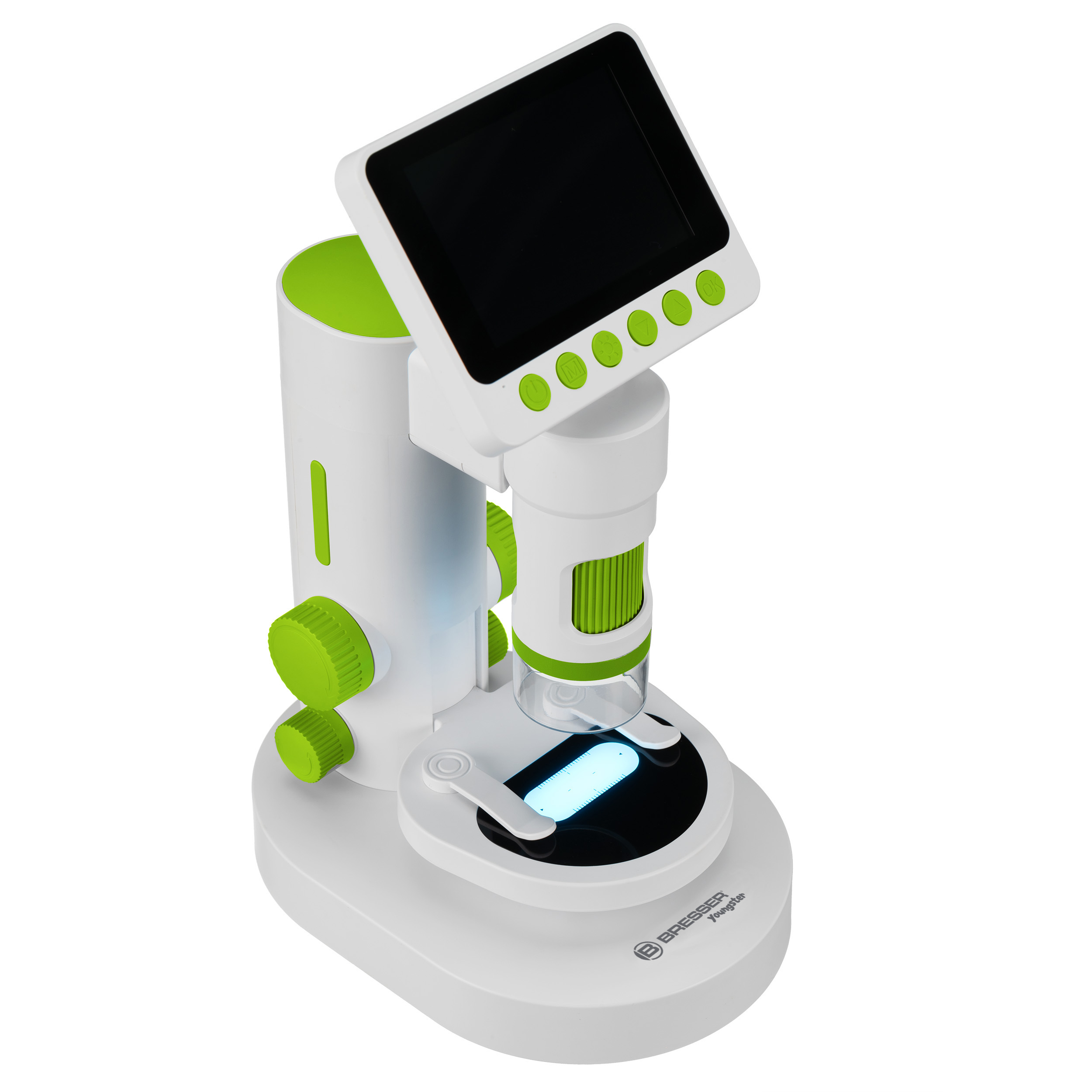 Microscopio digital blanco y verde con pantalla y platina iluminada sobre fondo blanco.