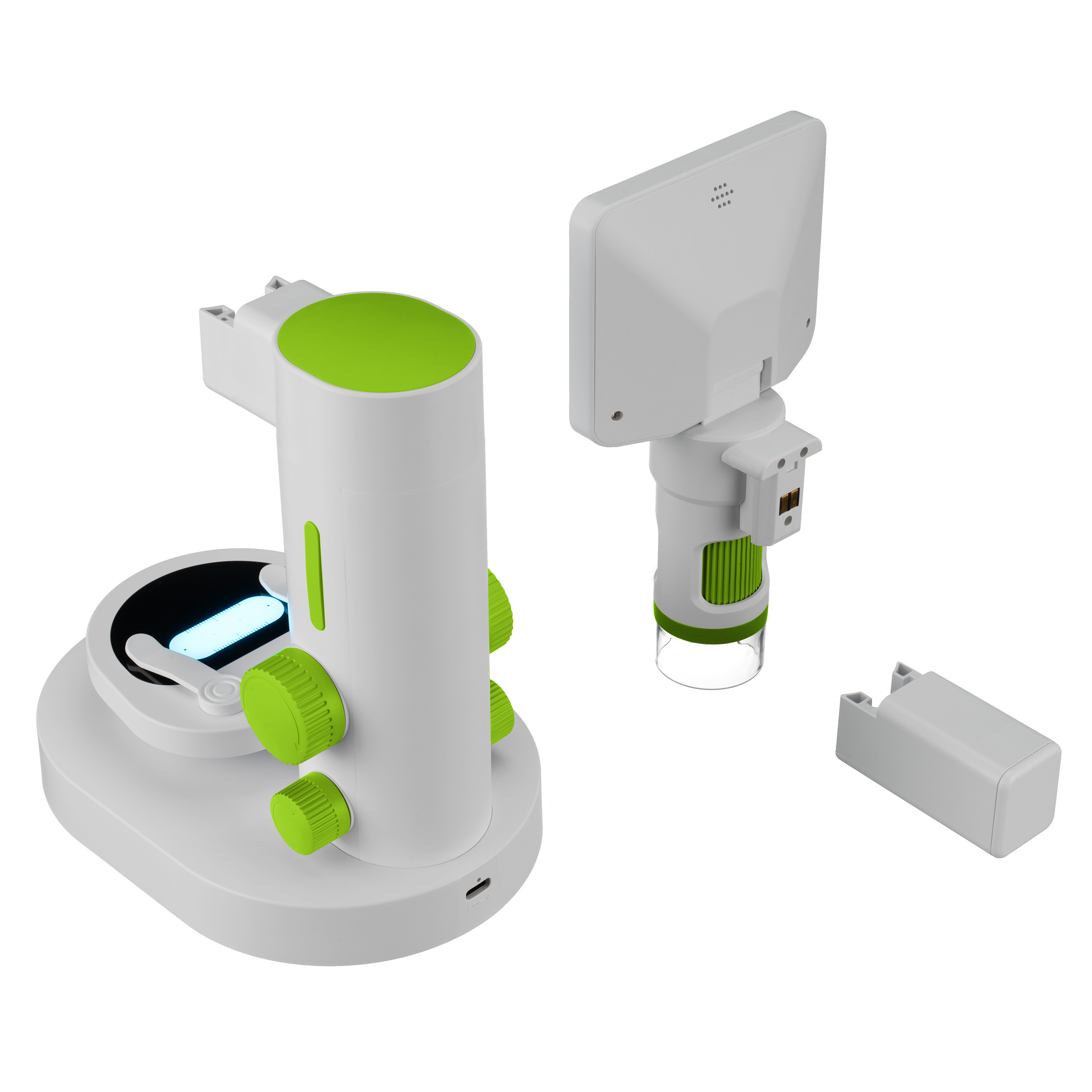 Un microscopio digital blanco y verde desmontado con soporte, módulo de pantalla y batería sobre fondo blanco.