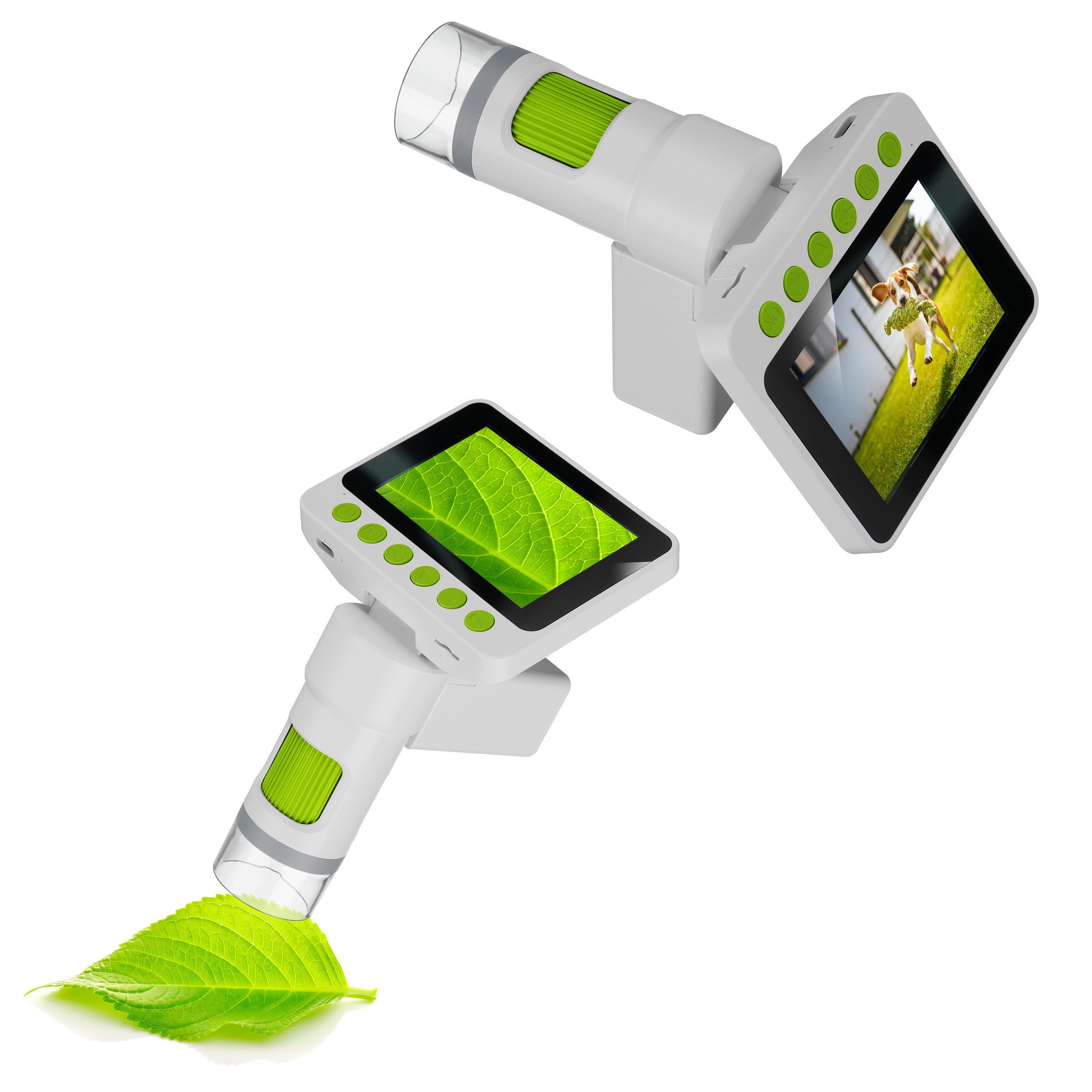 Microscopio digital de mano blanco con anillo de enfoque verde y pantalla, examina una hoja verde.