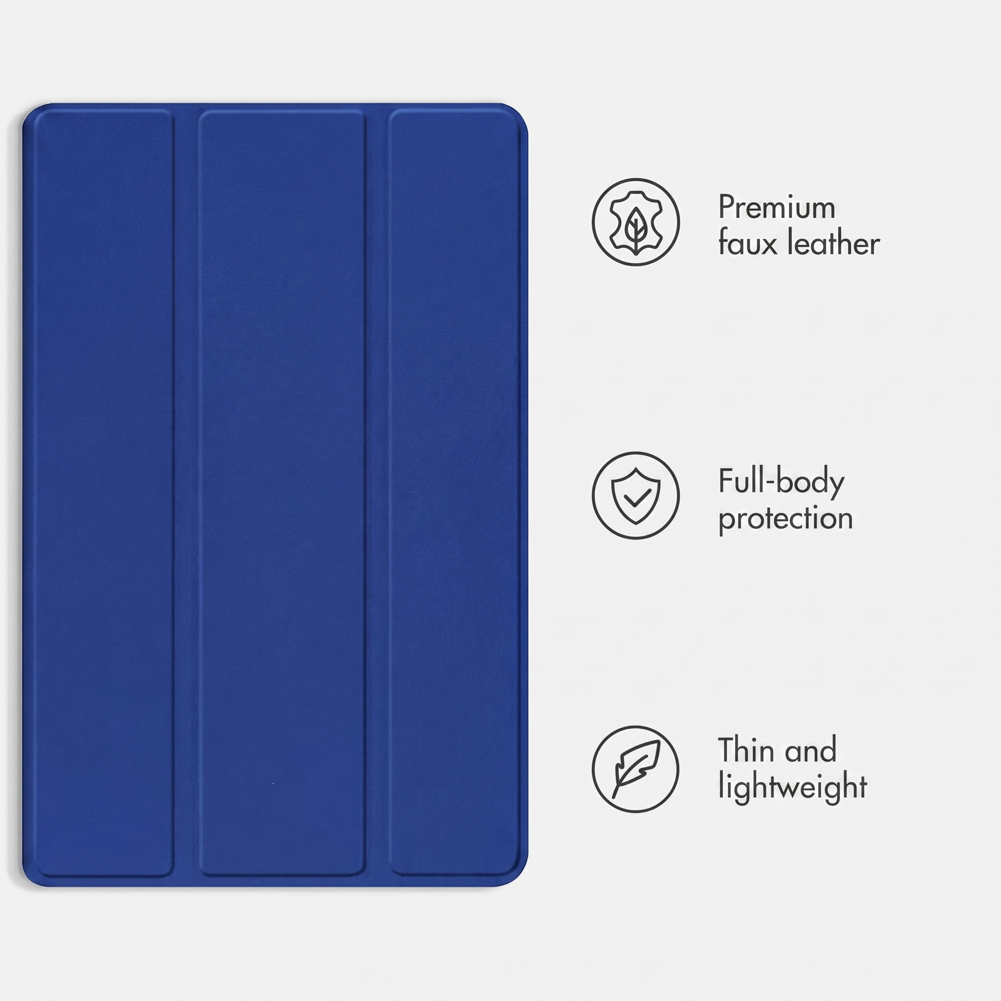 Blue tablet case with three icons and text highlighting premium faux leather, full protection, and lightweight design.