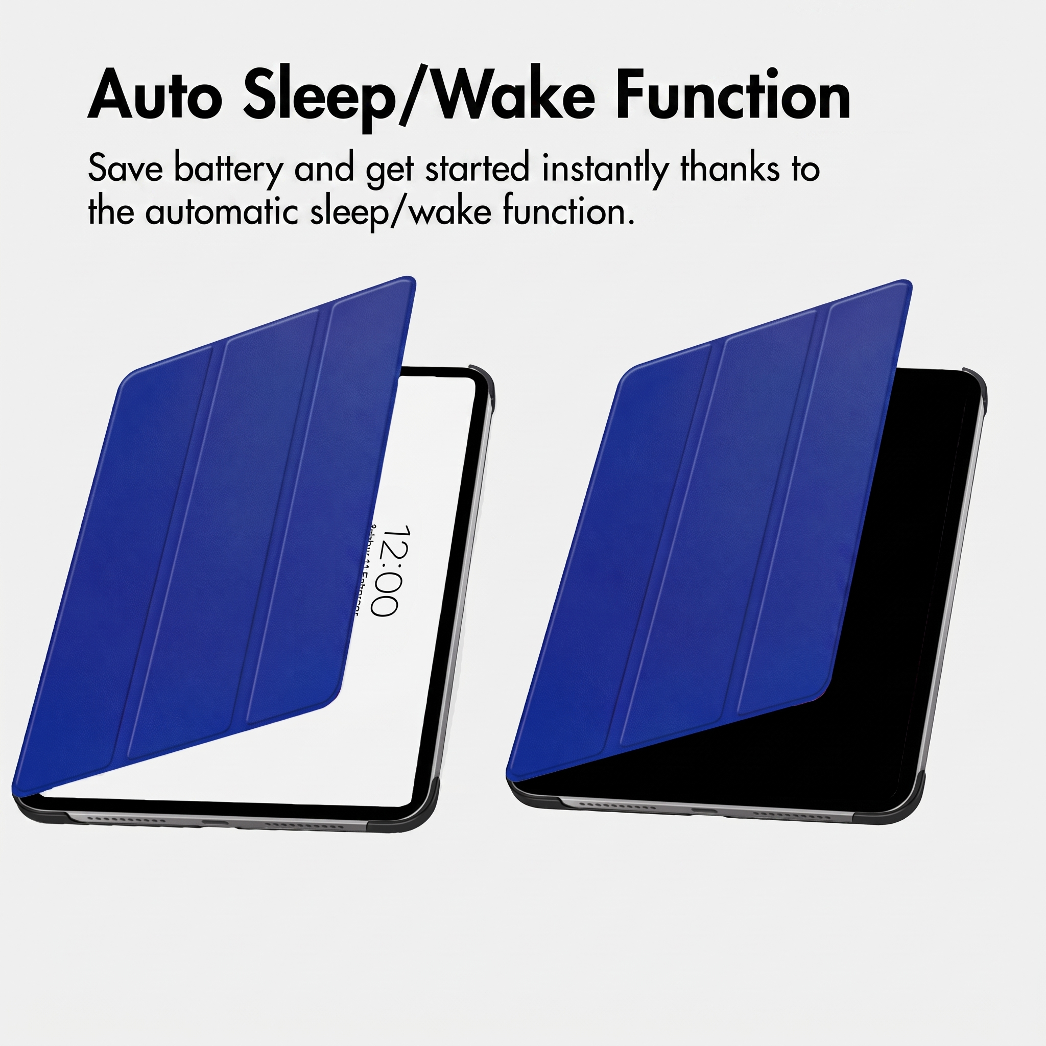 Two tablets in blue cases demonstrate the auto sleep and wake function.