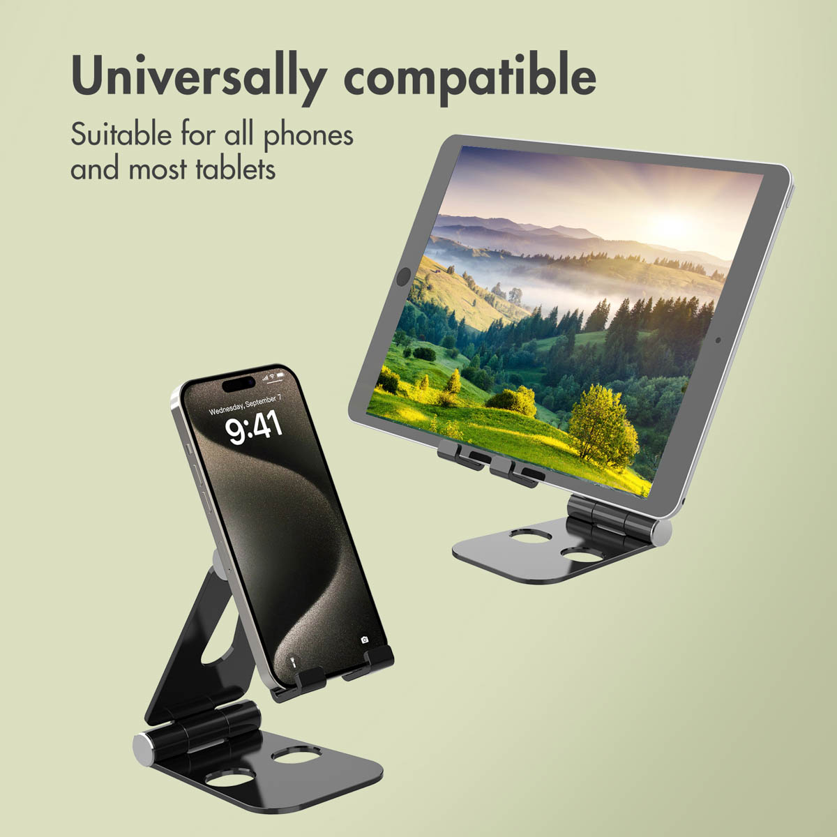 Uno smartphone e un tablet su supporti neri regolabili su sfondo verde chiaro con testo.