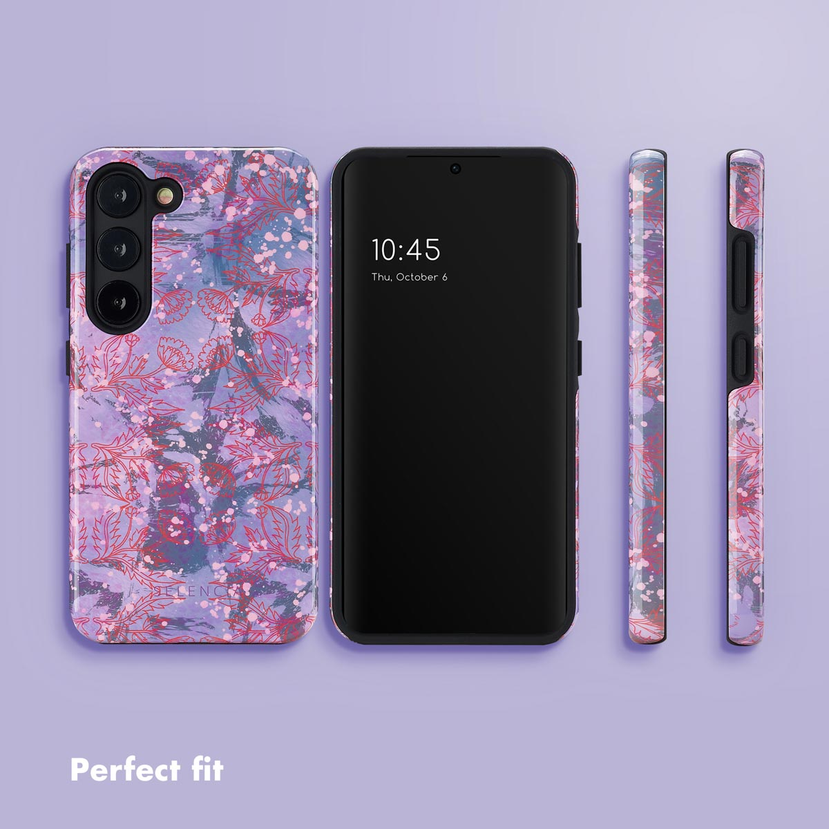 Vier Ansichten eines Smartphones in violetter Hülle mit Blumenmuster und Farbspritzern auf hellem Hintergrund.
