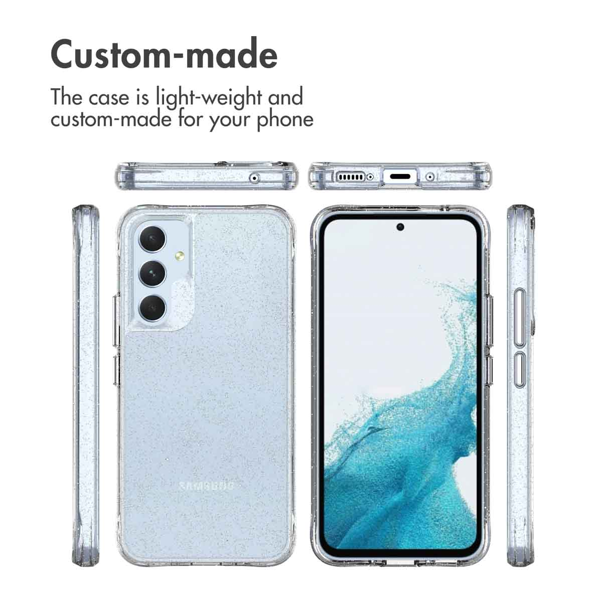 Verschiedene Ansichten einer leichten, maßgeschneiderten Handyhülle für ein Smartphone mit Glitzeroptik.