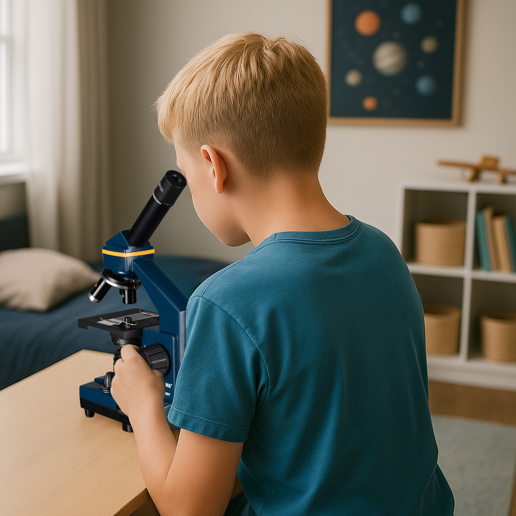 Un niño rubio con camisa azul mira a través de un microscopio azul en un escritorio.