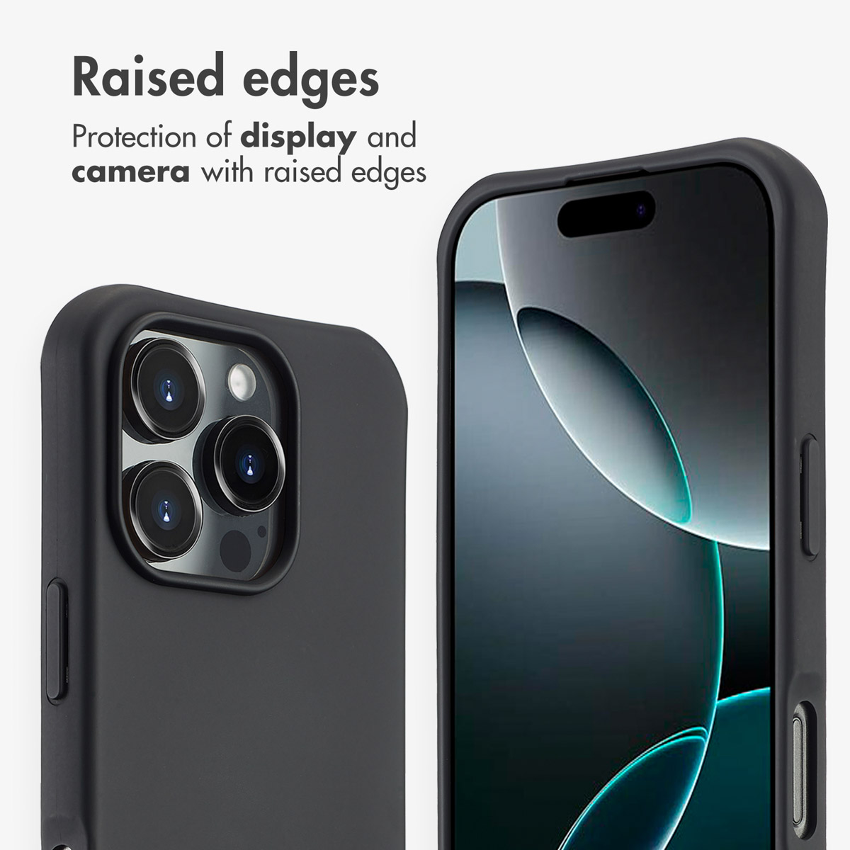 Zwei schwarze Handyhüllen zeigen den Schutz von Display und Kamera durch erhöhte Ränder.