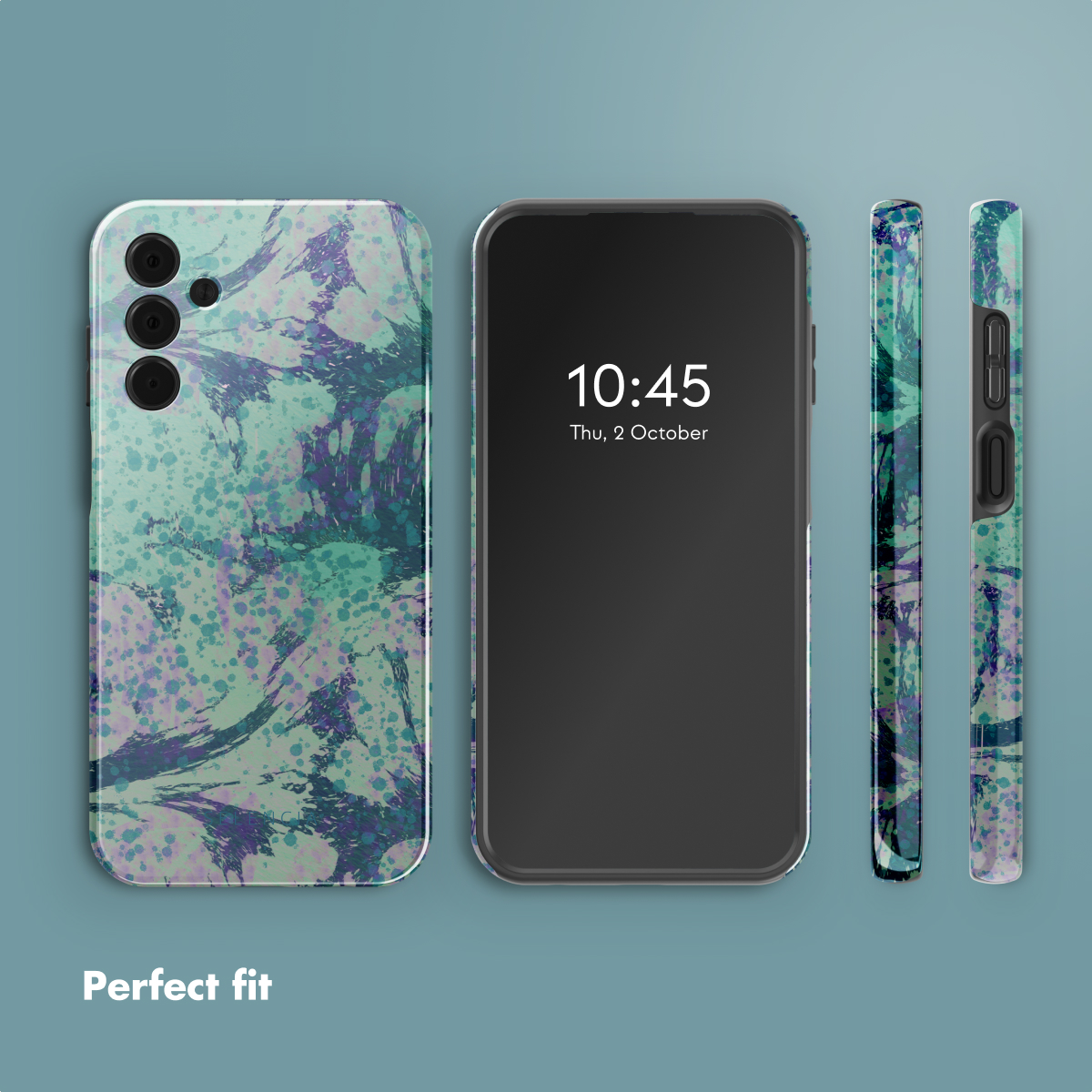 Smartphone mit einem türkisfarbenen und lila abstrakten Spritzmuster-Cover in Ansichten von hinten, vorne und der Seite.
