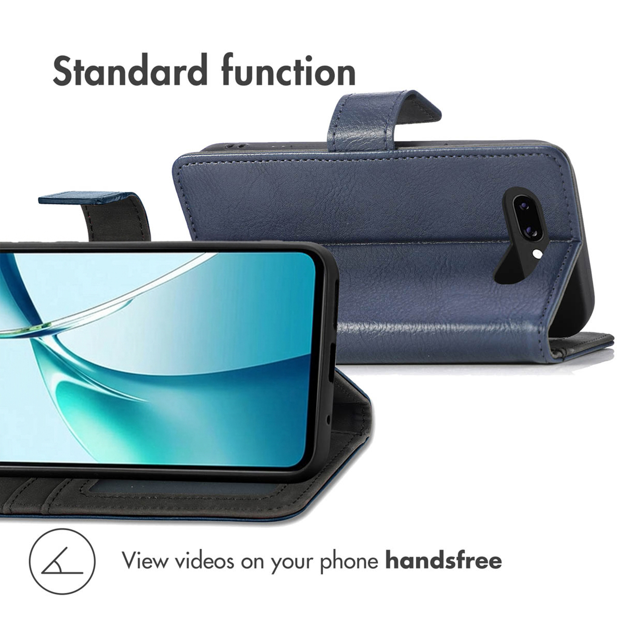 Custodia per telefono in pelle blu con funzione di supporto per video.