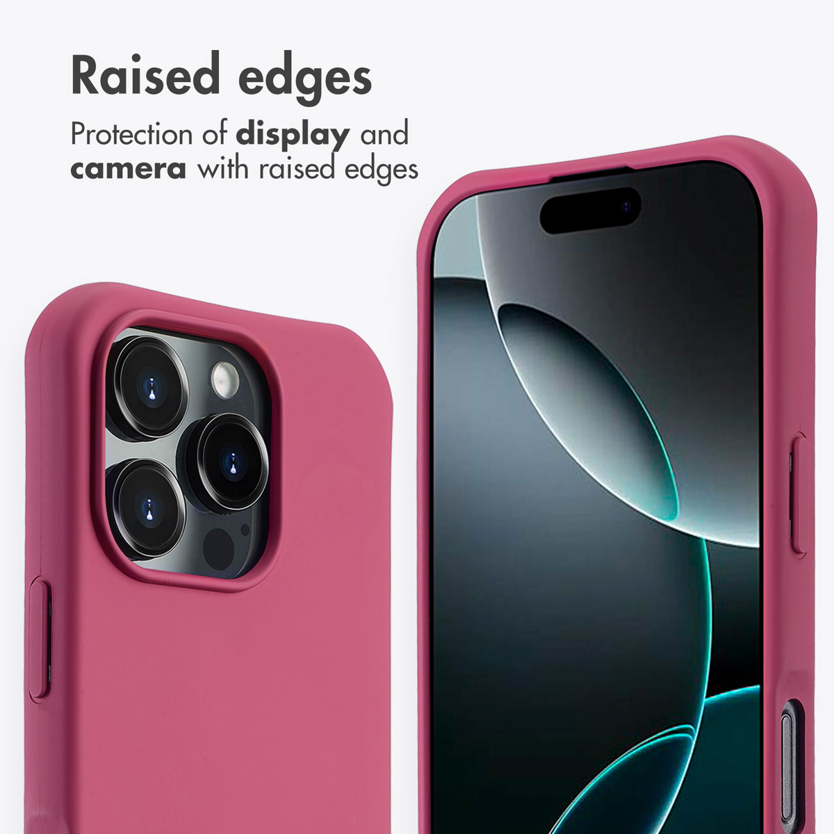 Custodia rosa con bordi rialzati per proteggere display e fotocamera.