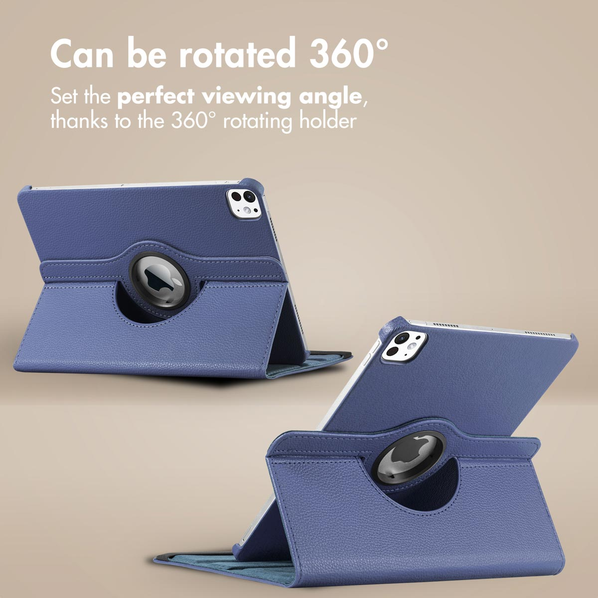 Blauwe tablethoes met een 360-graden rotatiefunctie en ingebouwde standaard.