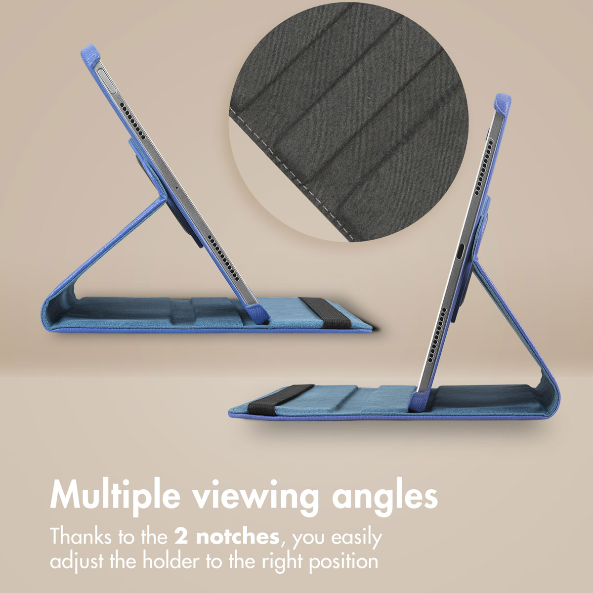 Een blauwe tablethoes houdt een tablet in verschillende kijkhoeken.