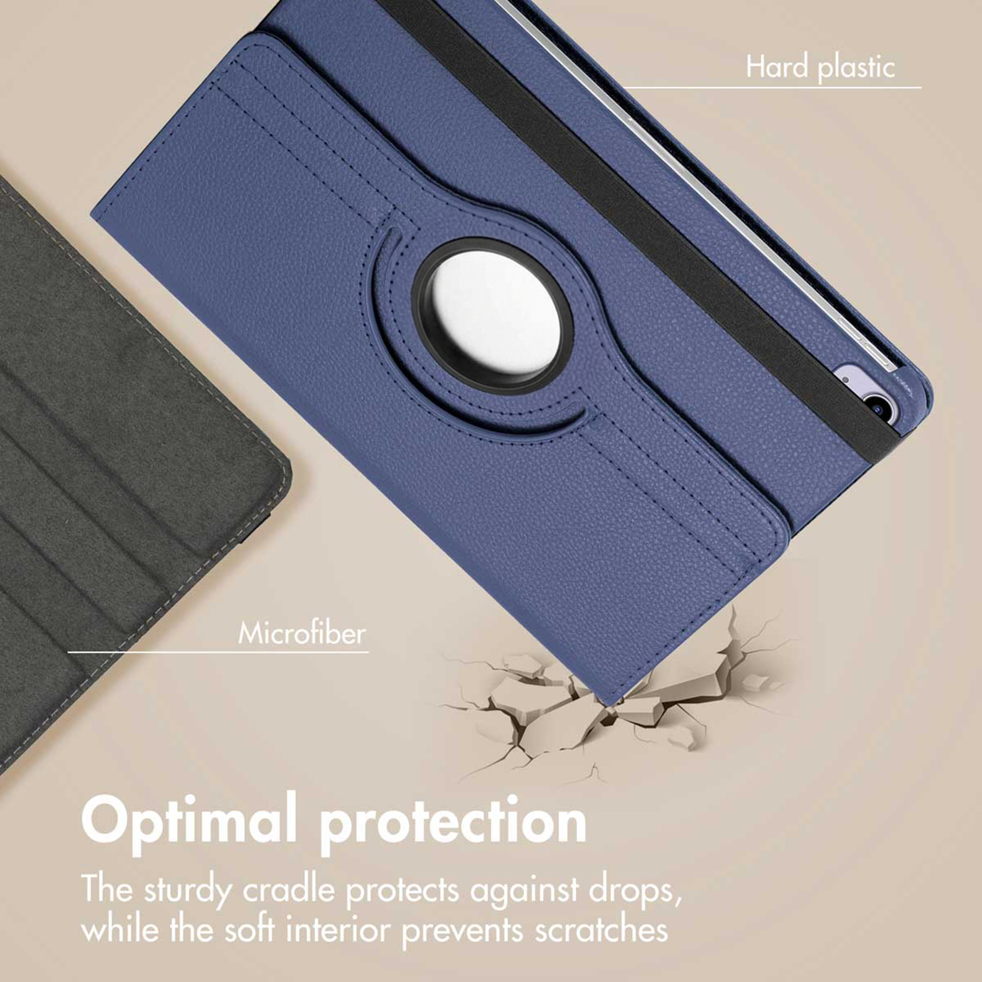 Een blauwe leren tablethoes met hard plastic en microfiber, gelabeld als optimale bescherming tegen vallen.
