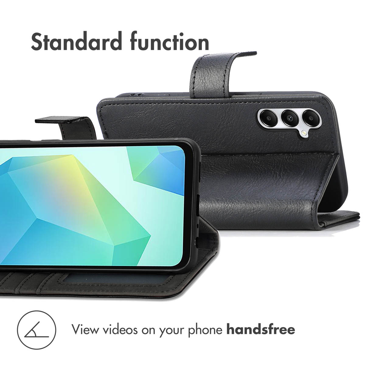 Zwarte leren telefoonhoes met standfunctie toont het scherm en de camera op een witte achtergrond.