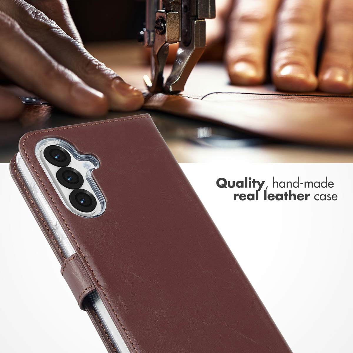 Funda de móvil de cuero marrón hecha a mano con triple cámara en primer plano, máquina de cosiendo cuero arriba.