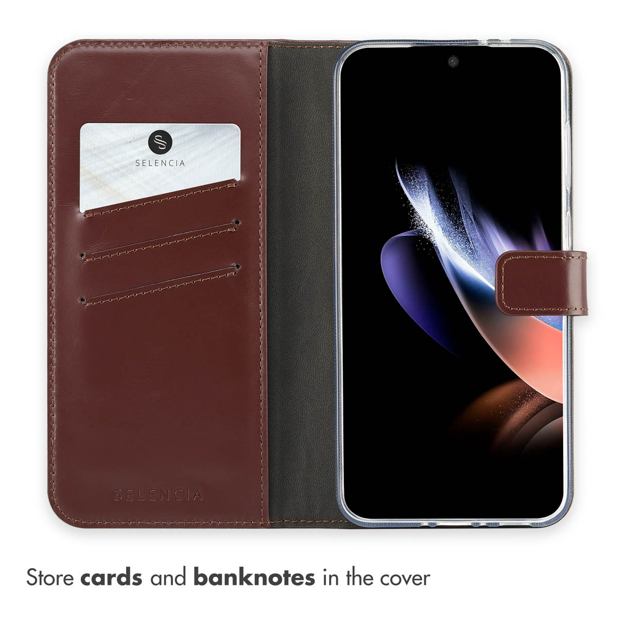 Fundador de cuero marrón para teléfono con tarjetero y smartphone.