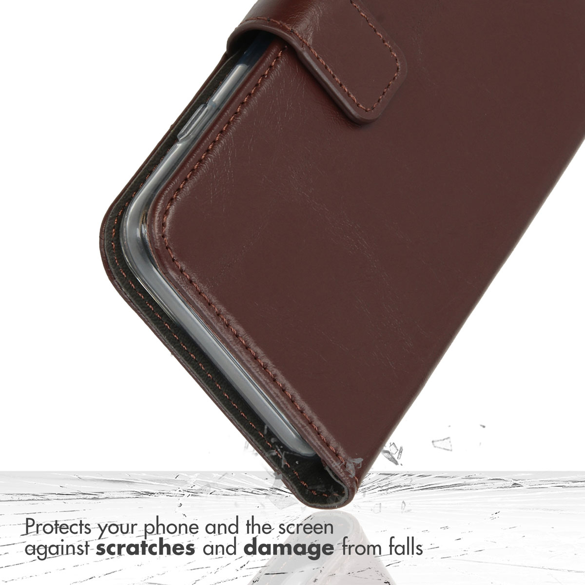 Étui de téléphone en cuir marron sur fond blanc avec texte de protection.