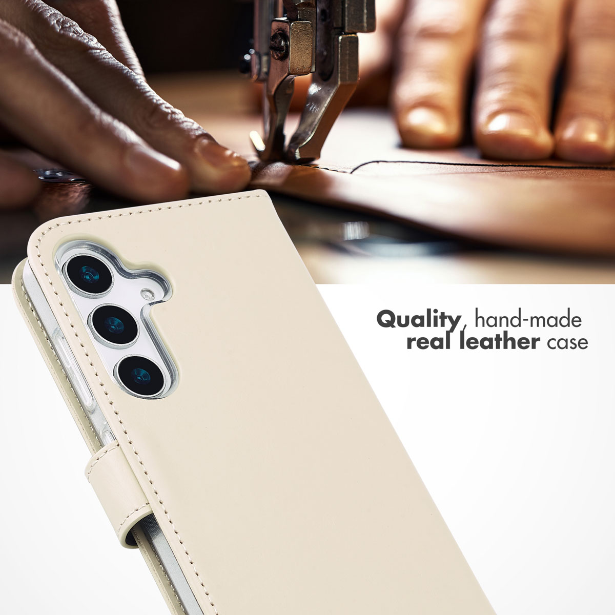 Handmade beige real leather phone case positioned below a sewing machine crafting leather.