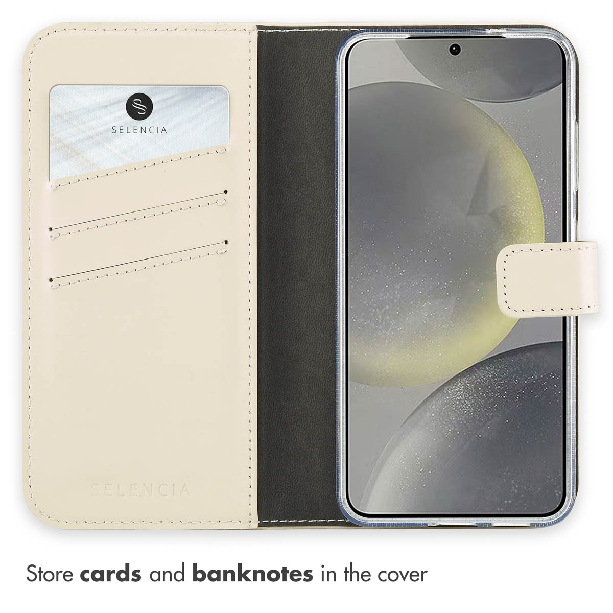 Beige smartphone wallet case with card slots and a secured phone inside.