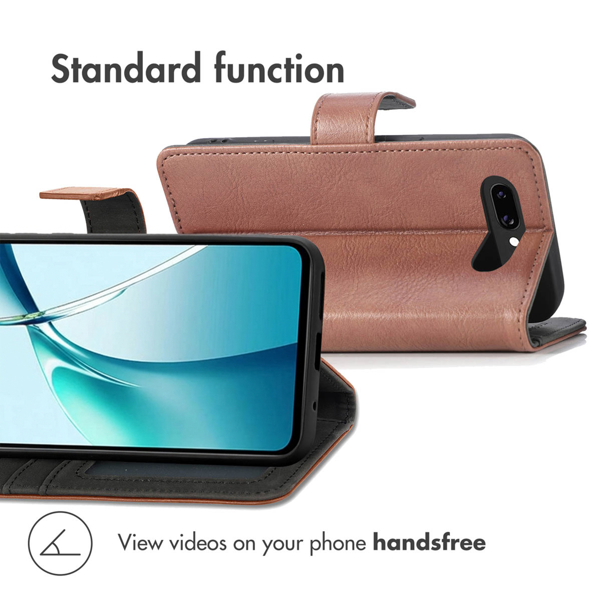 Una custodia in pelle marrone per smartphone piegata a supporto, con schermo visibile e il testo 'Standard function'.