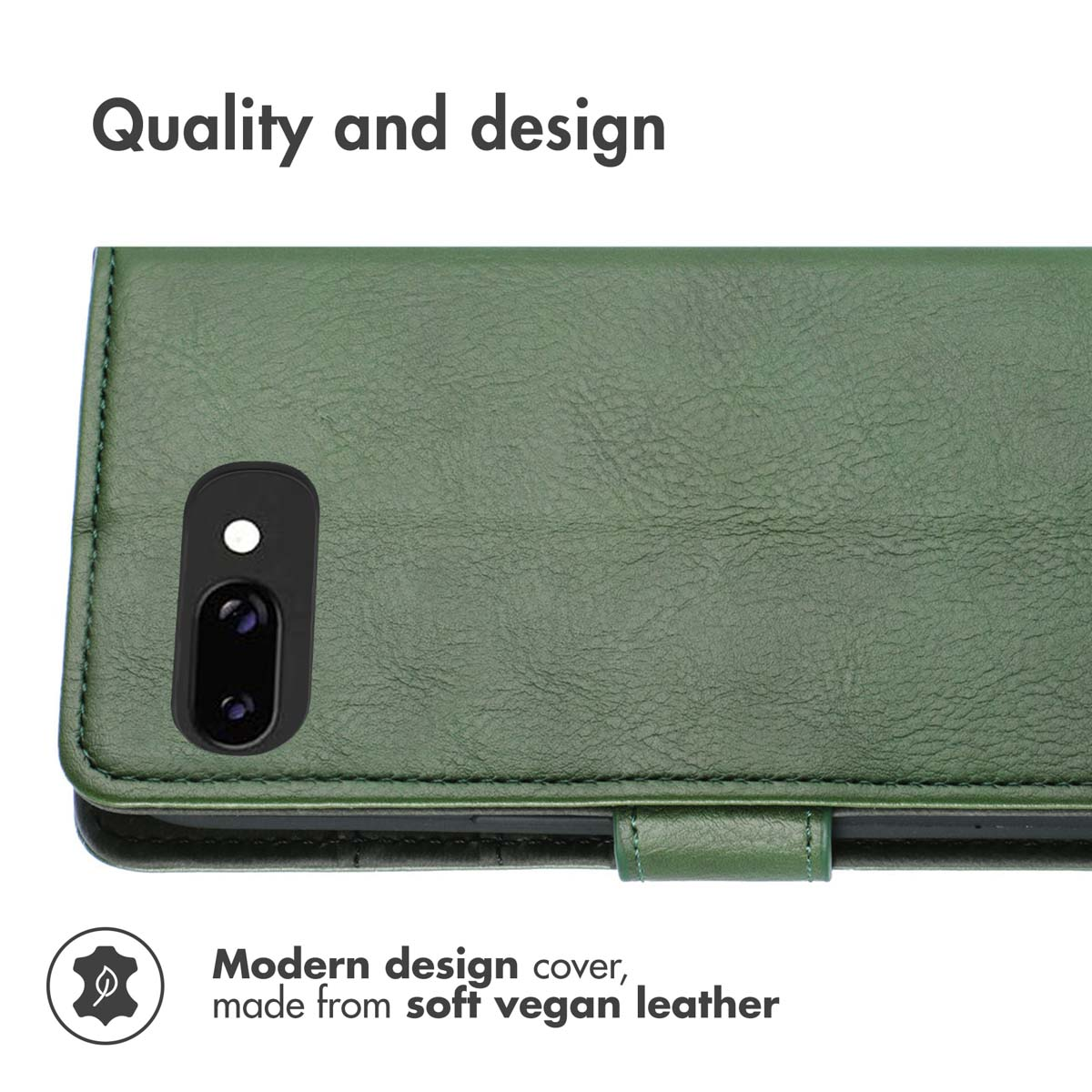 Custodia per telefono in pelle vegana verde con ritaglio per fotocamera e testo.