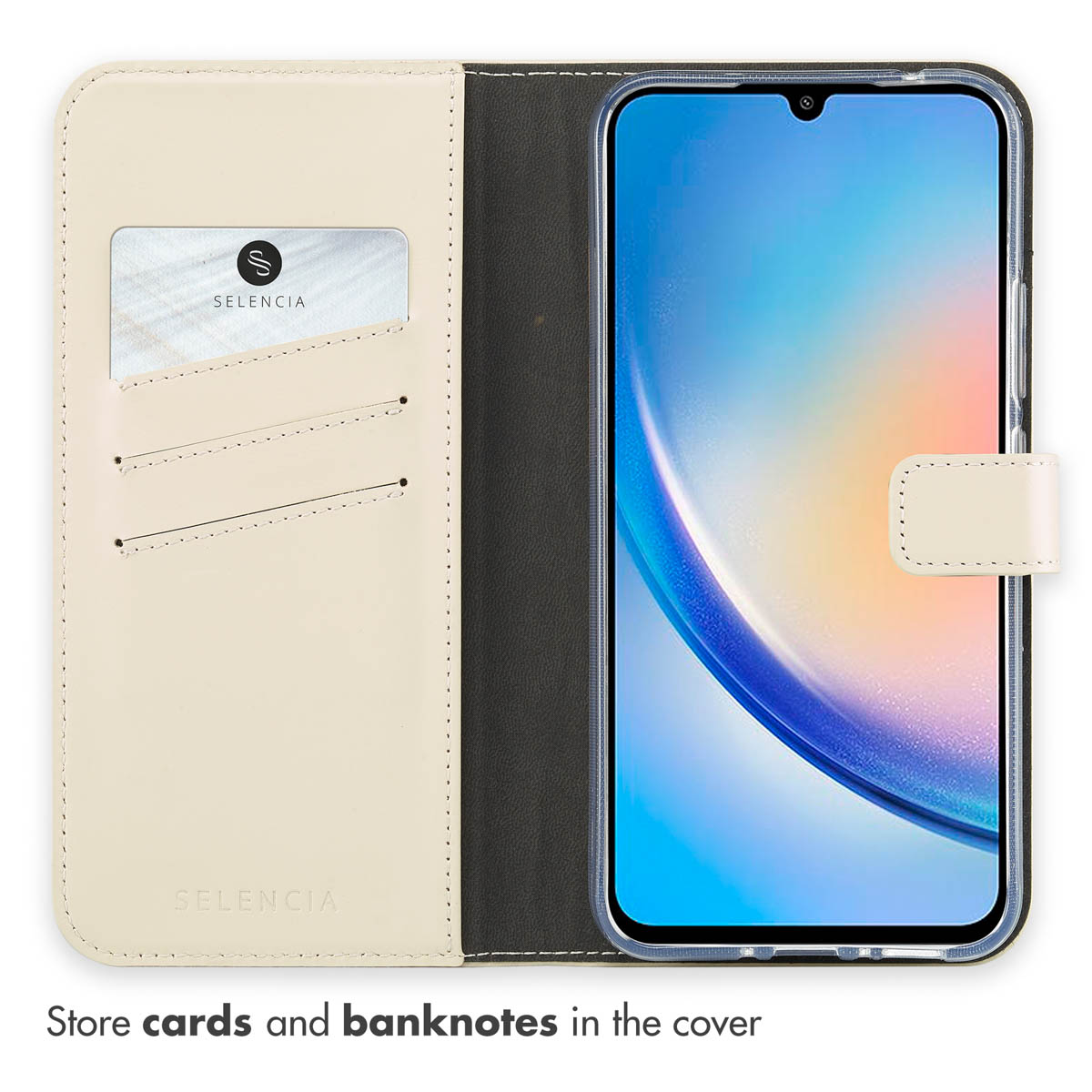 Un étui de téléphone ouvert couleur crème avec des fentes pour cartes et un smartphone à l'intérieur.