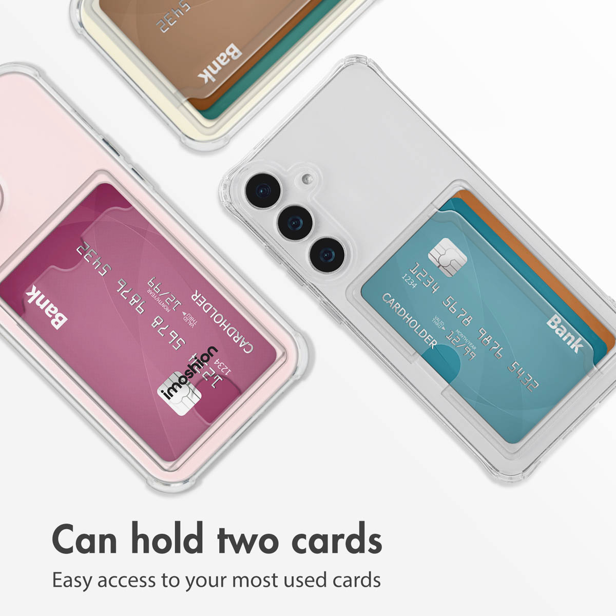 Tres fundas transparentes para teléfonos con ranuras para tarjetas.
