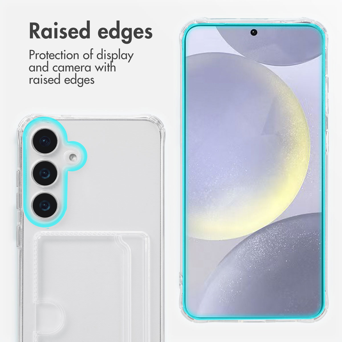 Un smartphone en una funda transparente con bordes elevados que protegen la pantalla y las cámaras.