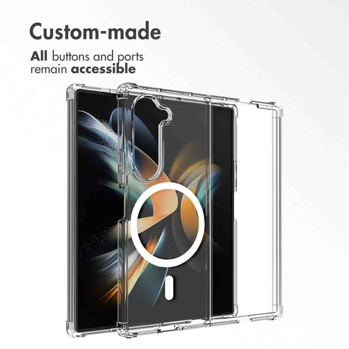 Funda transparente personalizada que muestra un teléfono inteligente con anillo MagSafe.