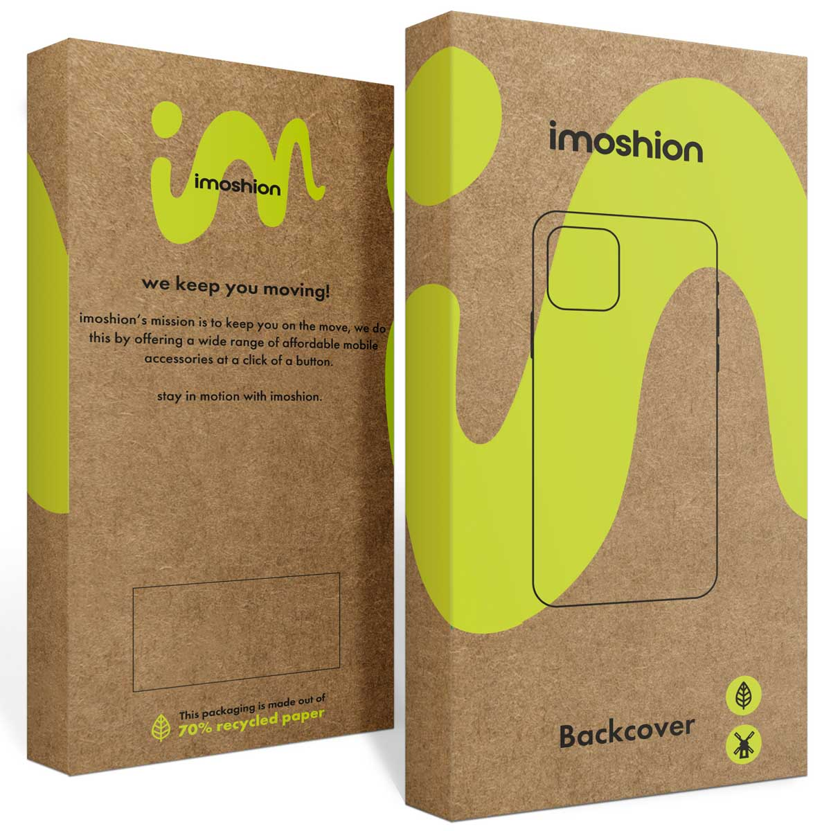 Opakowanie na etui do telefonu Imoshion z recyklingowanego papieru w kolorze zielono-czarnym.