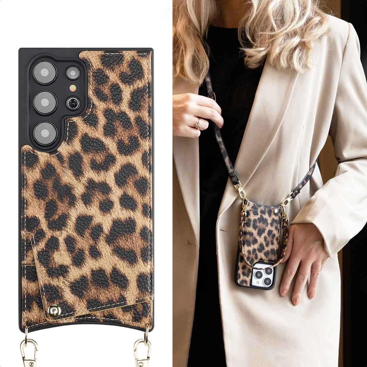 Una mujer rubia lleva un abrigo beis y una funda para móvil con estampado de leopardo y correa.