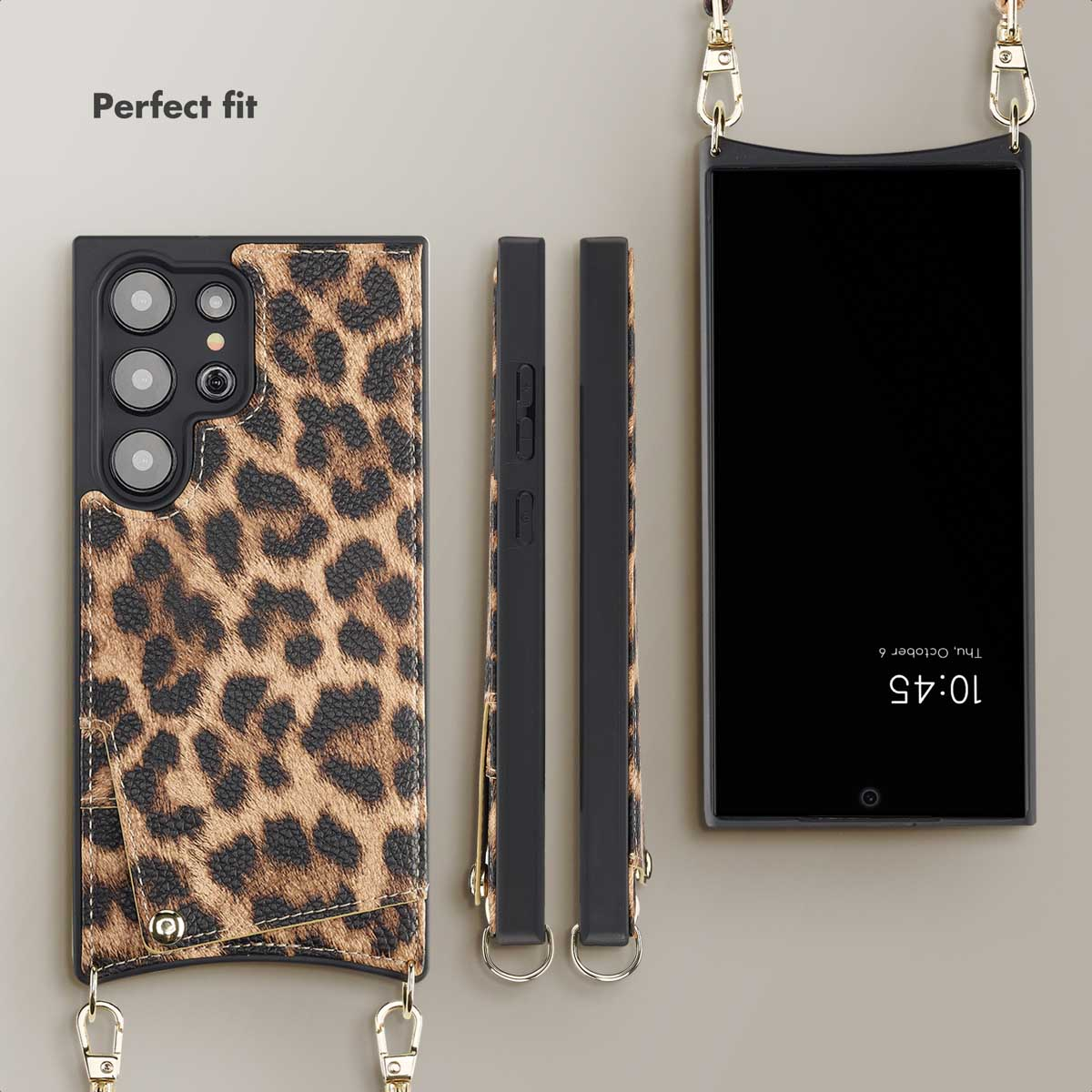 Funda de móvil con estampado de leopardo, parte trasera, delantera, botones laterales y correas doradas.