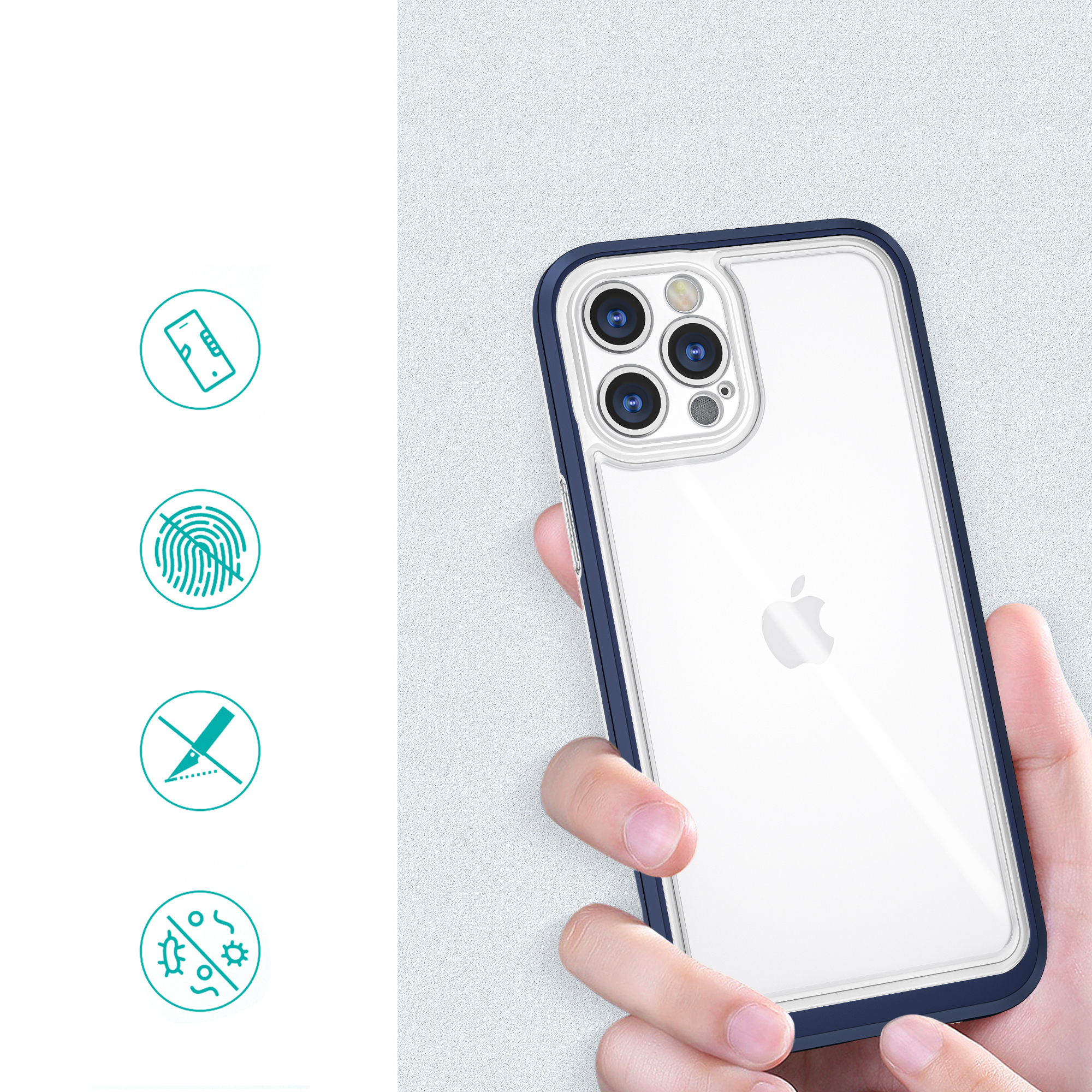 Mano che tiene iPhone con custodia blu e retro trasparente su sfondo chiaro con quattro icone.