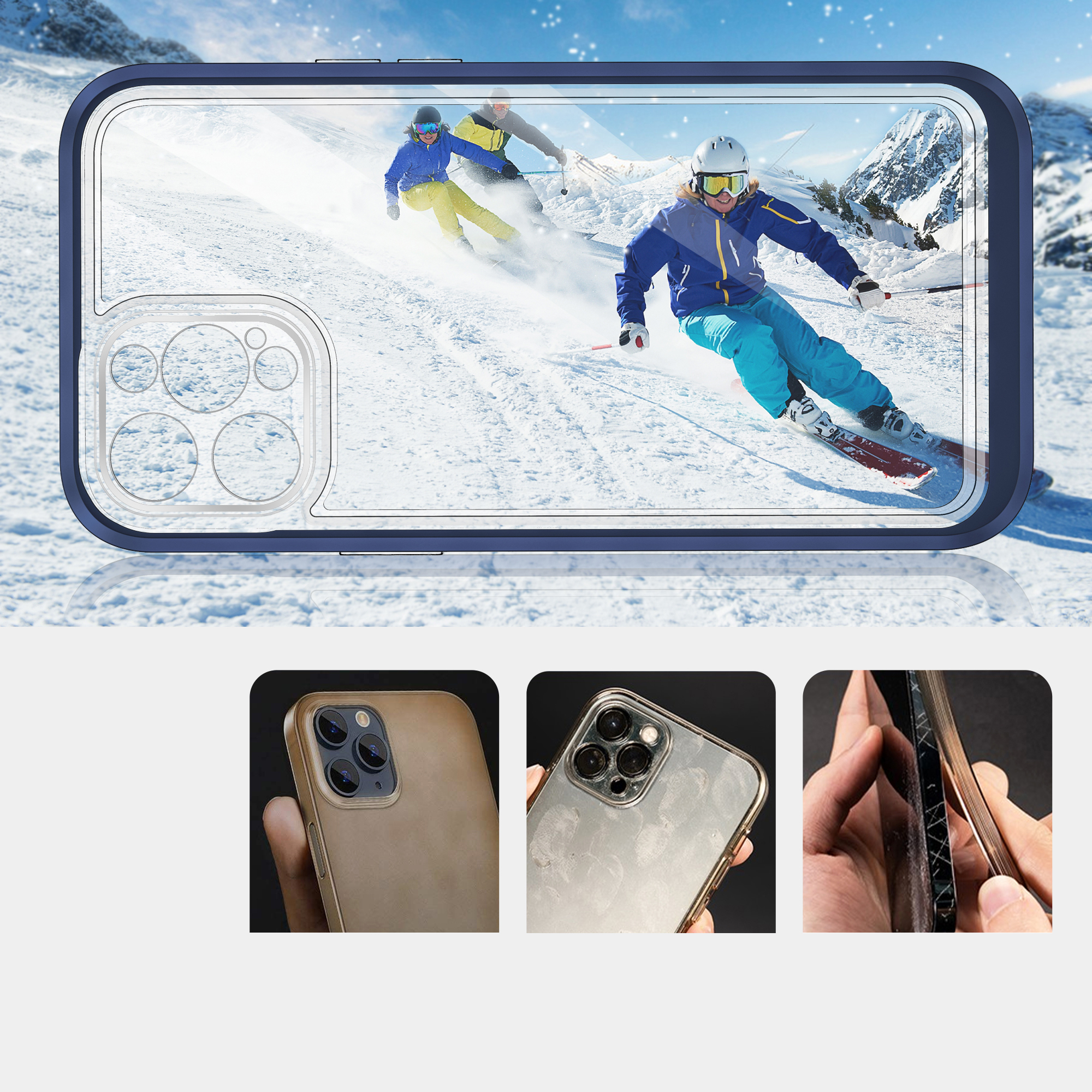 Una custodia blu per telefono su sfondo di montagna innevata, con tre scatti di dettaglio della custodia e della fotocamera in basso.