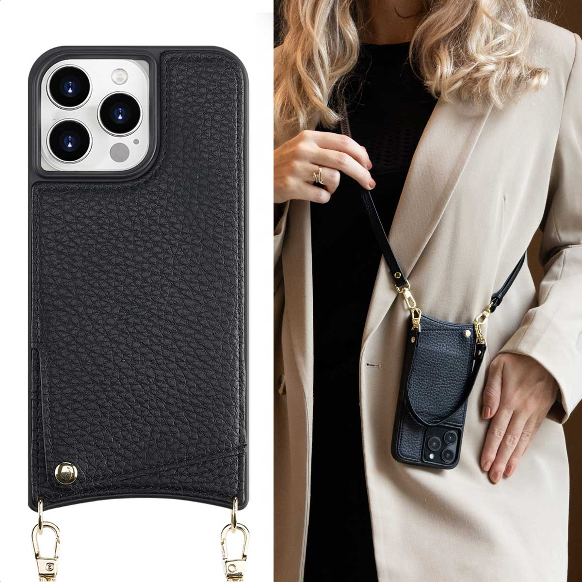 Une coque de smartphone en cuir noir avec lanière, portée en bandoulière par une personne.