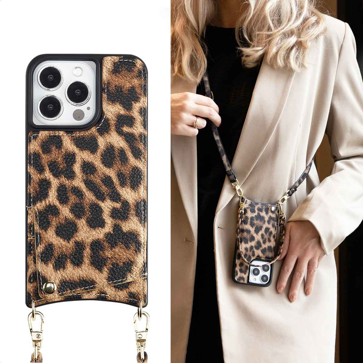 Una mujer rubia lleva una funda de móvil con estampado de leopardo y correa cruzada sobre un abrigo claro.