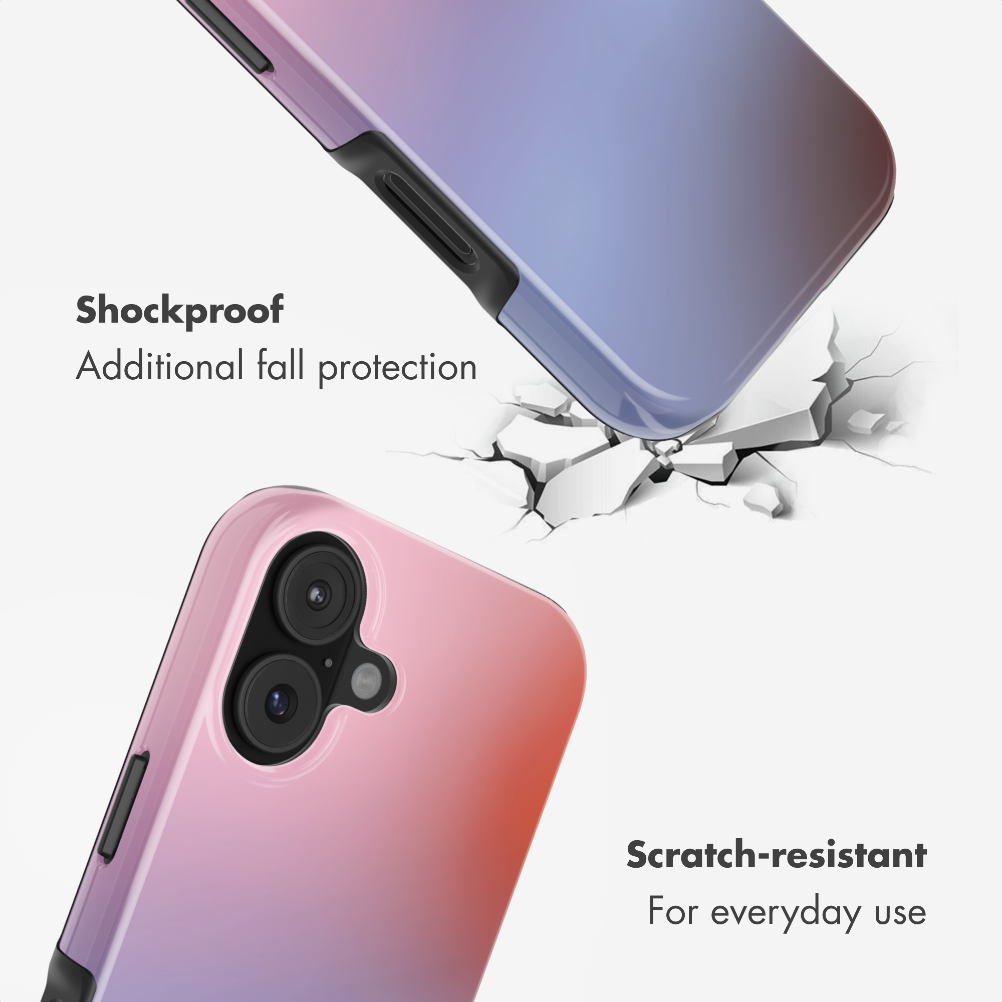 Due cover per telefono con colori sfumati mostrano caratteristiche antiurto e antigraffio su sfondo bianco.