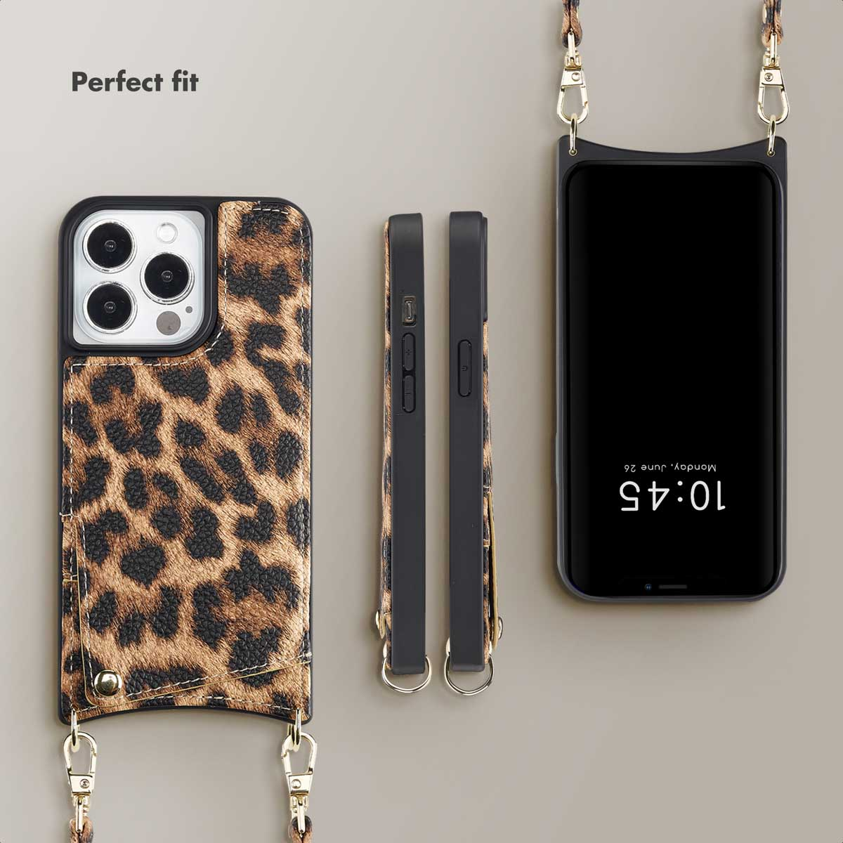 Fundador de móvil con estampado de leopardo, correa para el hombro y soporte en fondo beige.