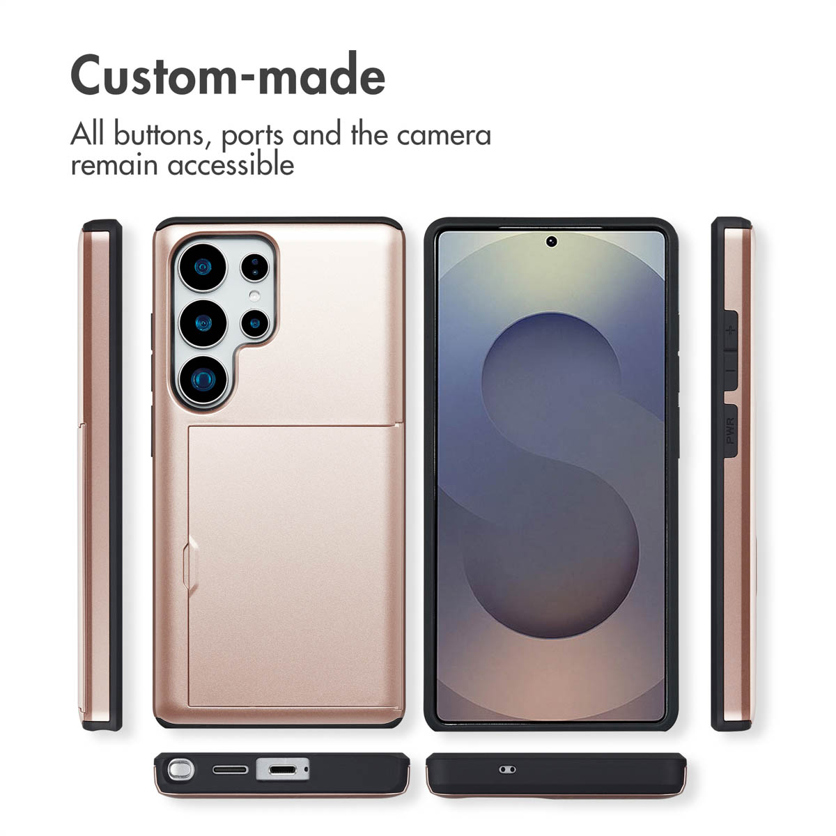 Rosegoldenes Smartphone mit passender Schutzhülle, die Anschlüsse und Tasten freilegt.