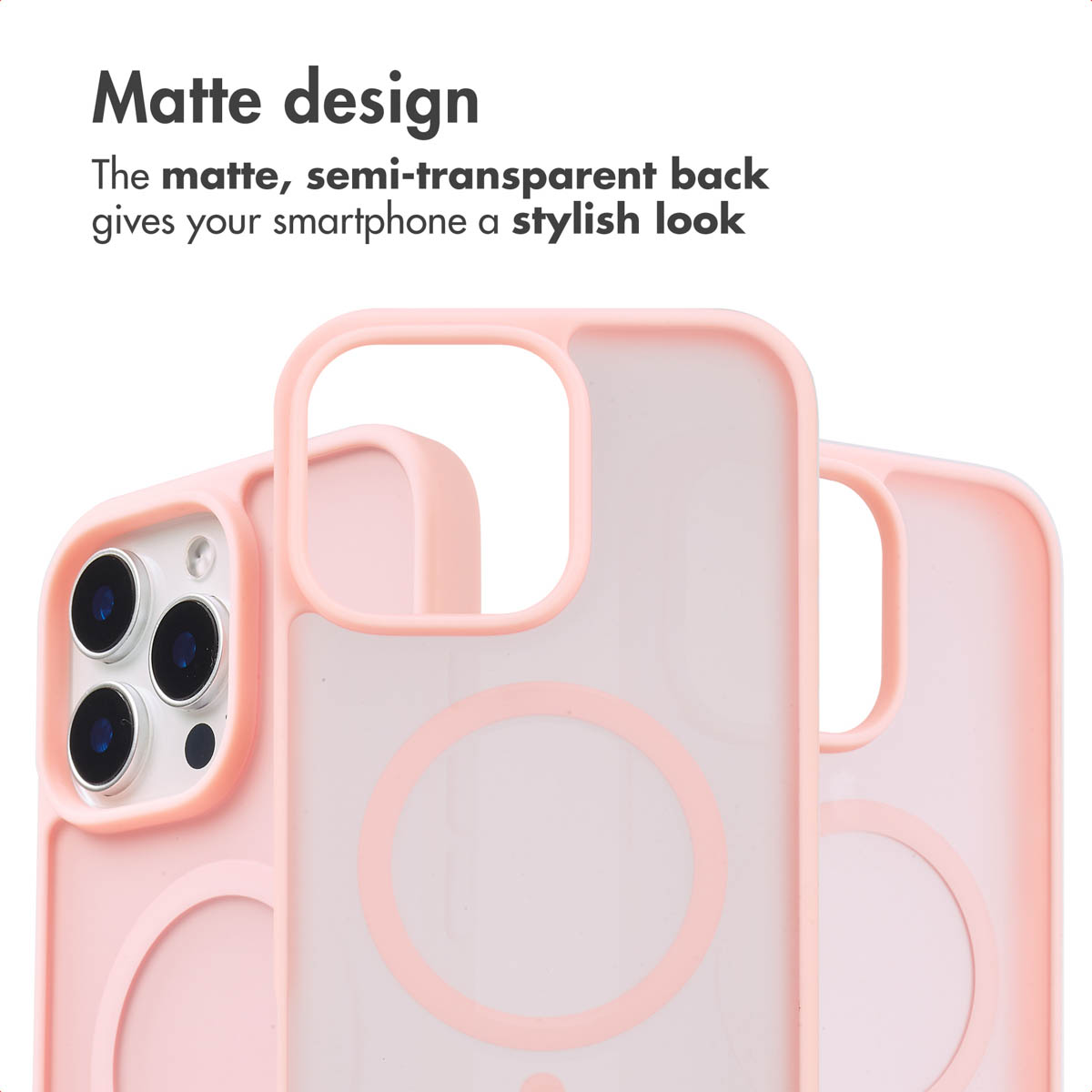 Tres fundas para smartphone semitransparentes de color rosa con diseño mate y anillo magnético.