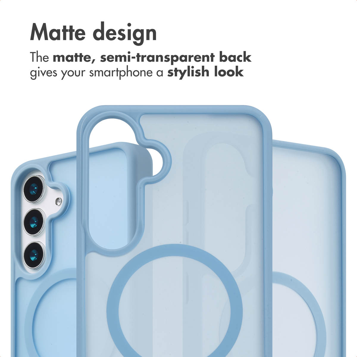 Custodia per smartphone azzurro chiaro con design opaco semitrasparente e cerchio.