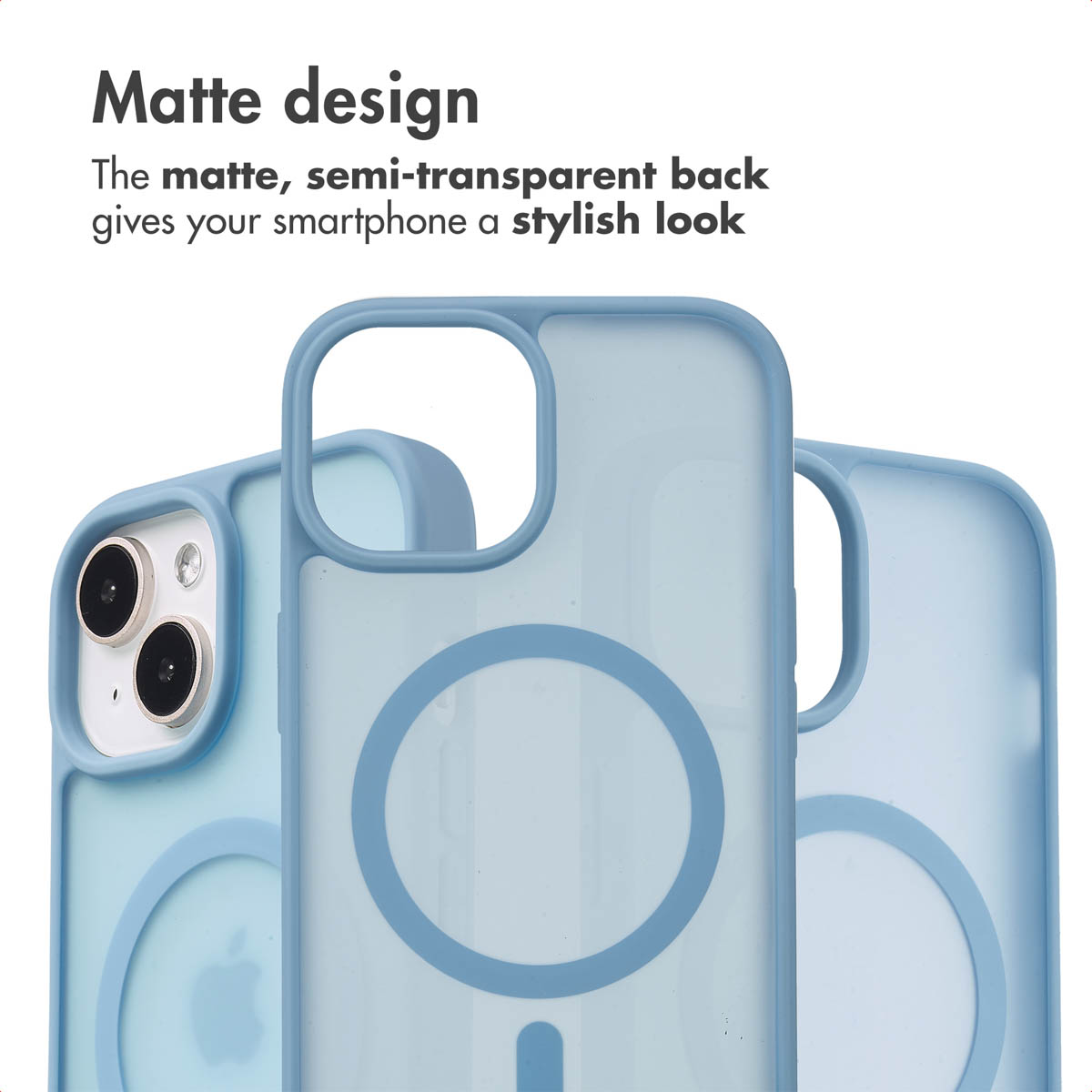 Drie matte lichtblauwe smartphonehoesjes met ringmagneet en tekst erboven.