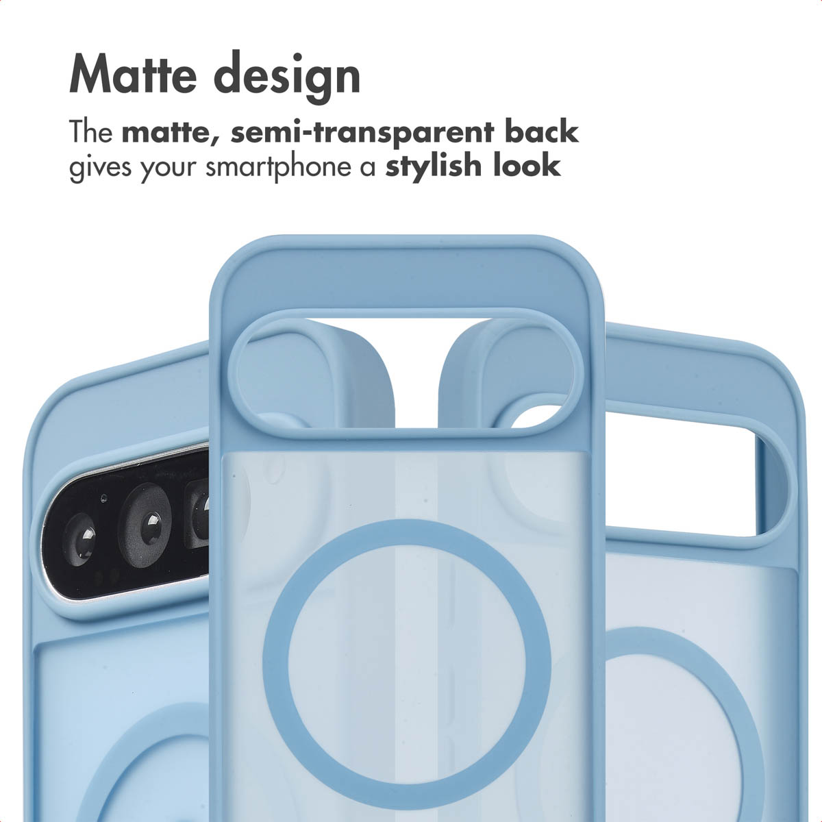 Una cover azzurra con retro opaco semitrasparente e anello magnetico.