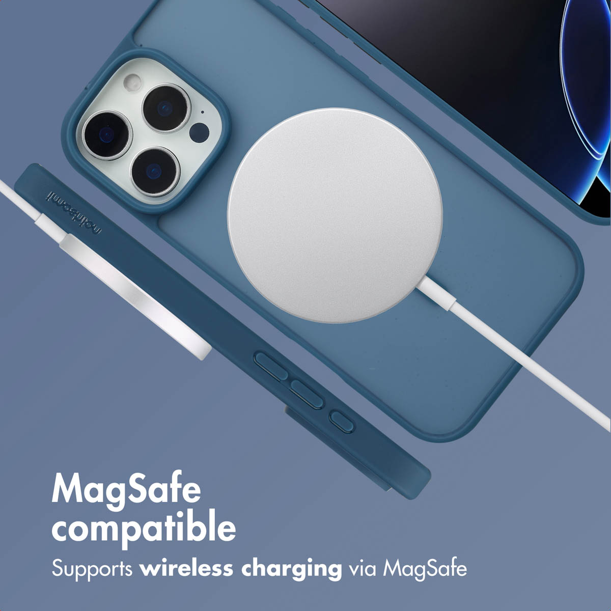 Una funda azul con cargador inalámbrico MagSafe, el texto dice compatible con MagSafe.
