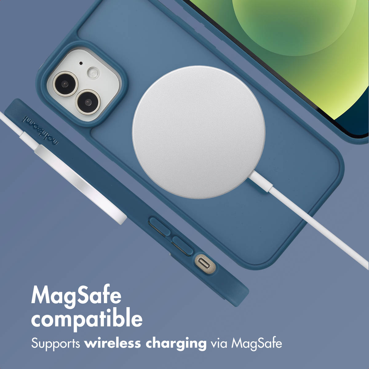 Eine blaue Handyhülle mit einem runden, weißen MagSafe-Ladegerät und dem Text MagSafe-kompatibel.