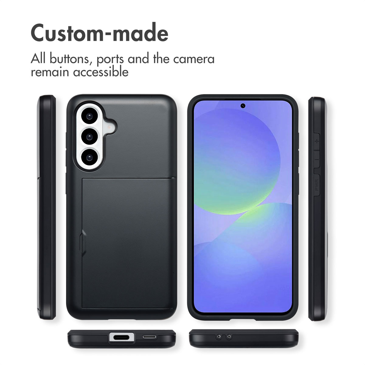 Coque de téléphone noire avec porte-cartes montrant l'arrière, l'avant et plusieurs vues.