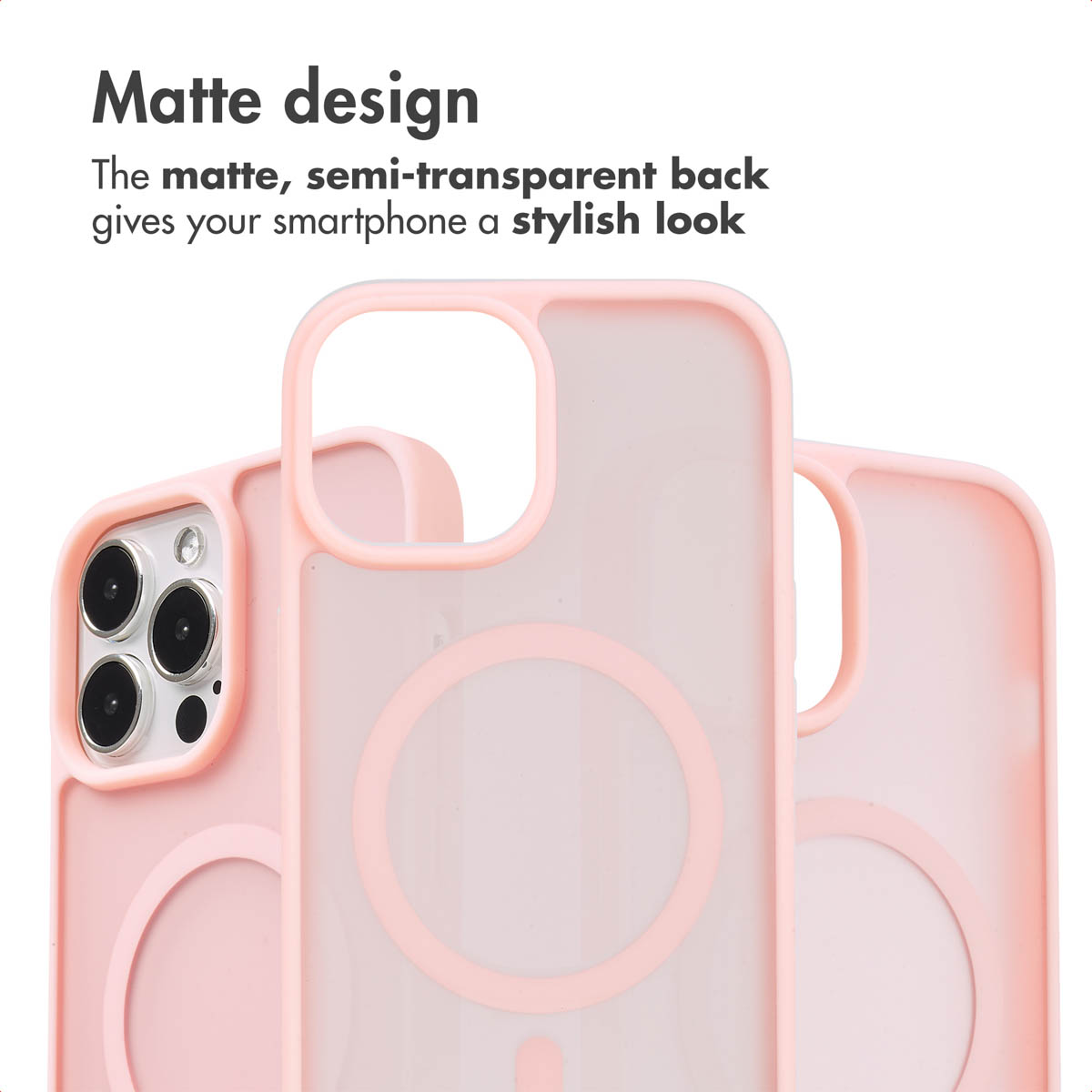 Drie roze matte smartphonehoesjes met MagSafe ringen, tekst: Matte design.
