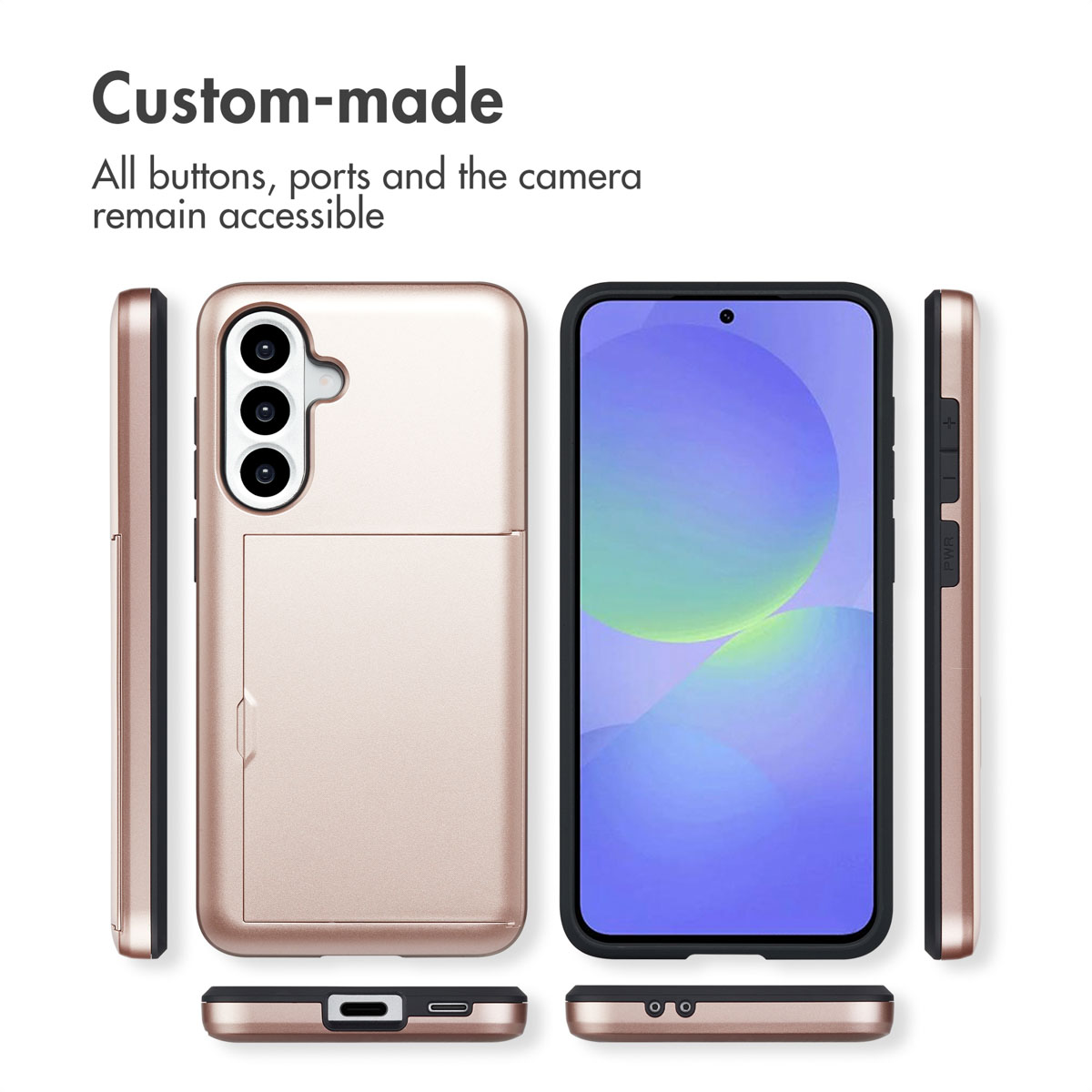 Vues multiples d'un étui de téléphone rose avec porte-cartes, montrant l'avant, l'arrière et les côtés.