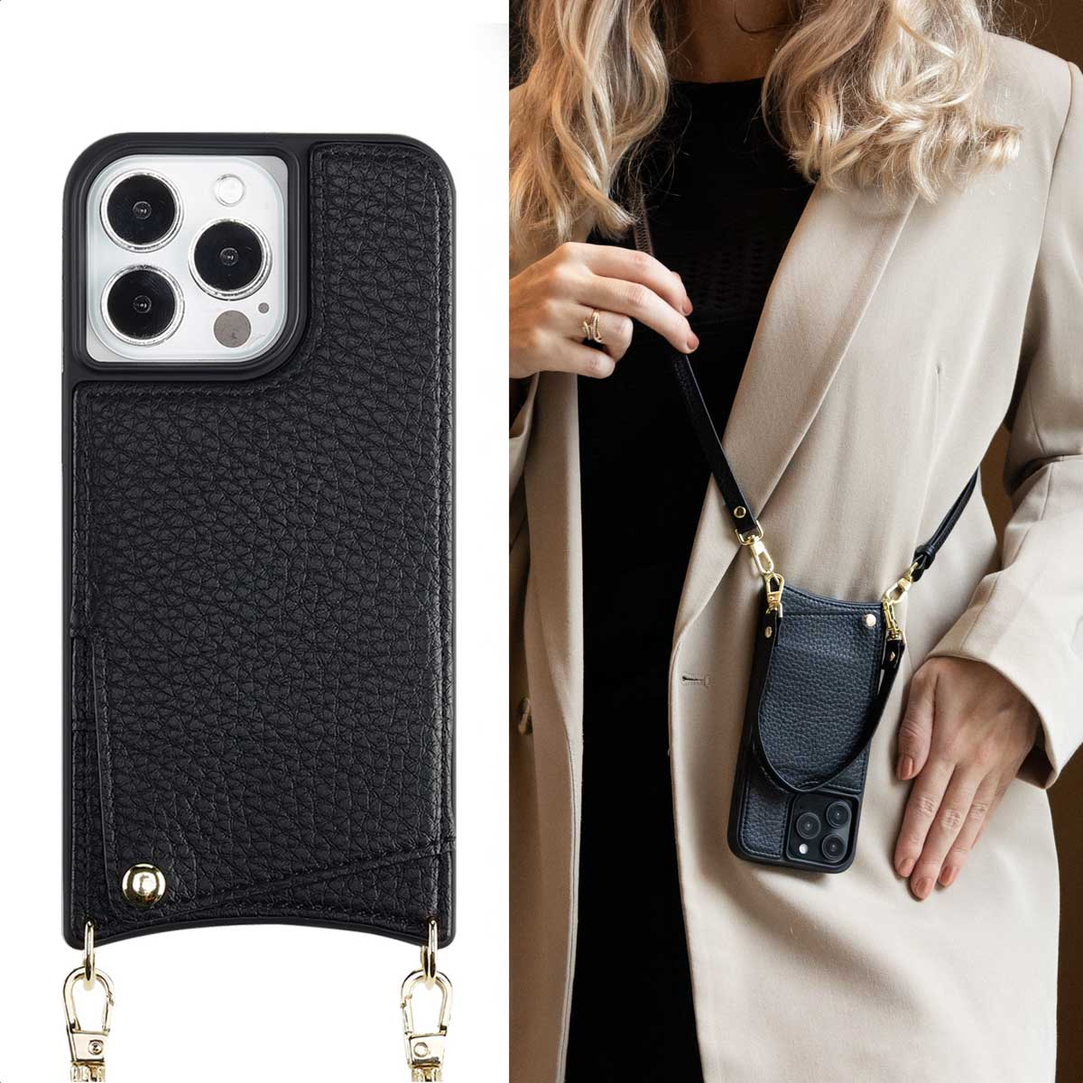 Funda de móvil de piel negra con correa, llevada por una mujer con blazer beige.