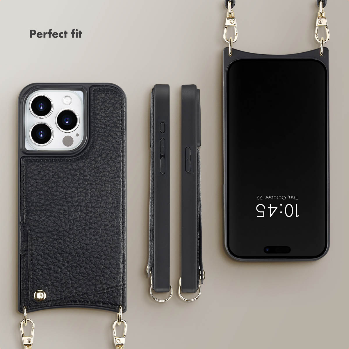 Funda de móvil de cuero negro mostrada de espaldas, perfiles laterales y de frente con correa sobre fondo gris.